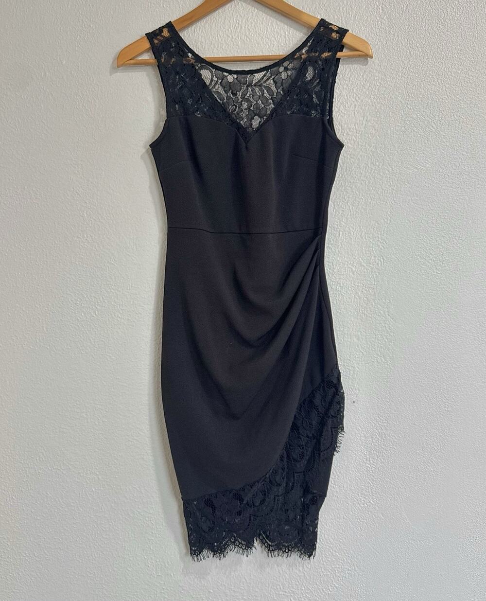Mystic Black Lace Ruched Bodycon Midi Dress Asymmetrical Cocktail Sheath Small